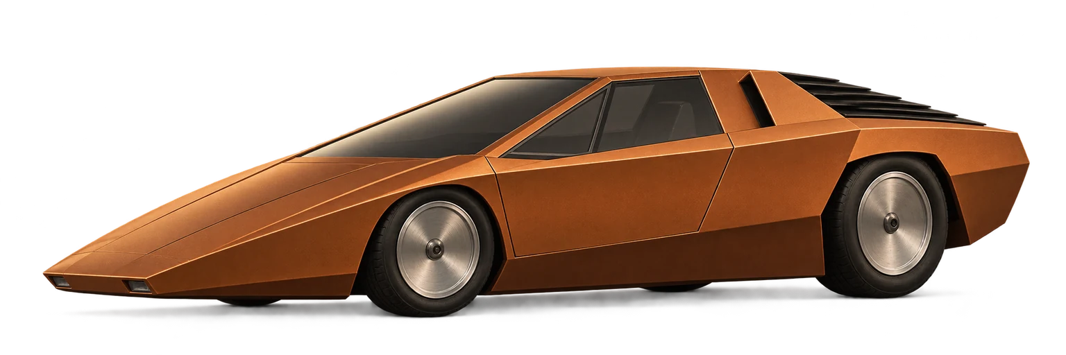 Un prototype de sport imaginaire bronze orangé, très bas et anguleux, vu presque de profil : son nez effilé prolonge un capot et un pare-brise inclinés, jusqu’à un arrière relevé.