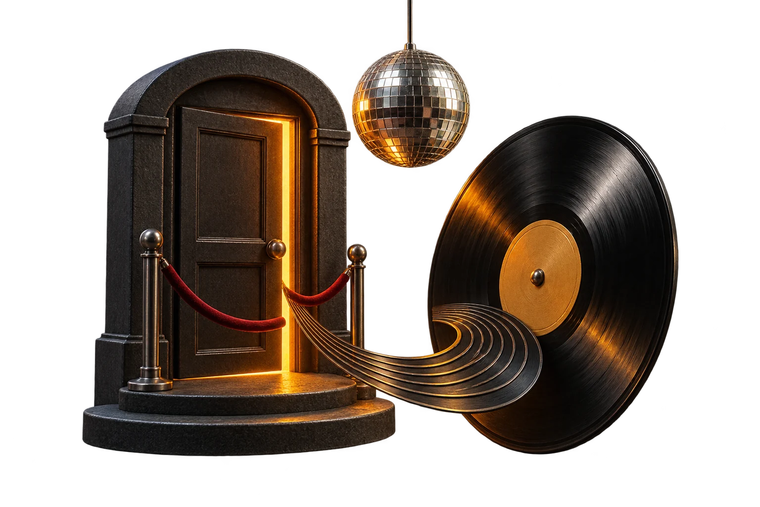 Une porte de club entrouverte d’où filtre une lumière orangée, barrée d’un cordon de velours rouge ; au-dessus, une boule à facettes ; à côté, un disque vinyle dont les sillons s’étirent jusqu’au seuil.