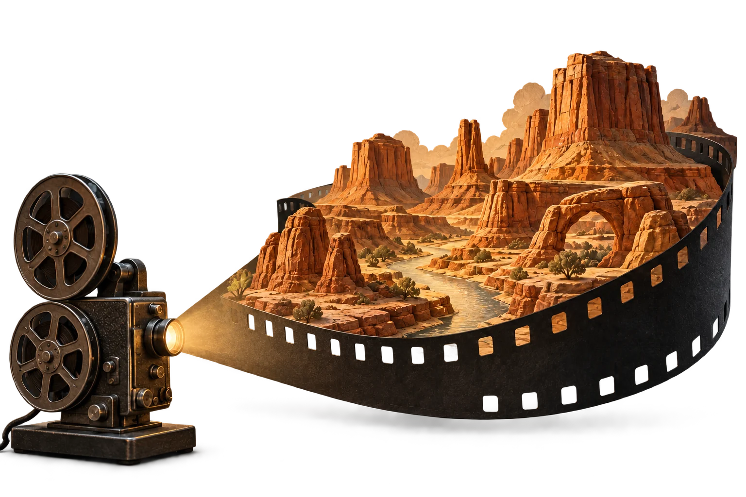 Un projecteur de cinéma ancien éclaire une pellicule déroulée qui contient un paysage de canyon : buttes de grès rouge, arche rocheuse et rivière sinueuse, dans une lumière dorée.