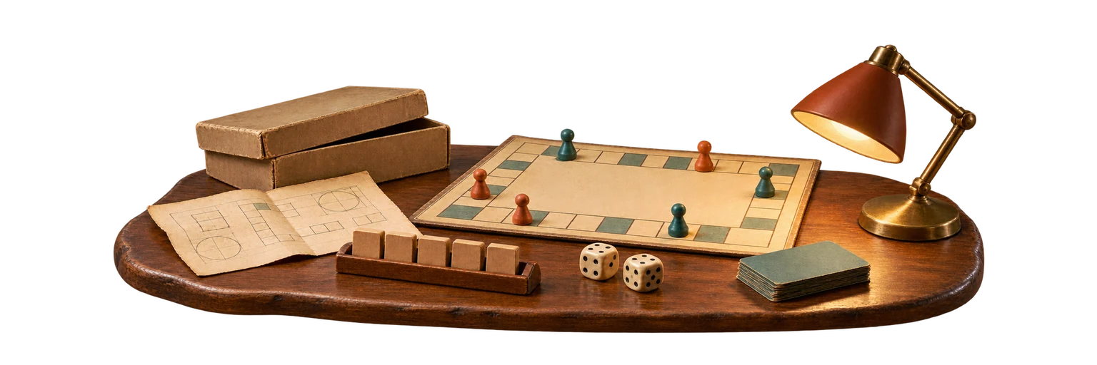 Une table en bois sous une lampe de bureau : un plateau de parcours aux pions colorés, deux dés, des tuiles vierges sur un chevalet, un paquet de cartes, une vieille boîte en carton et un croquis de plateau.