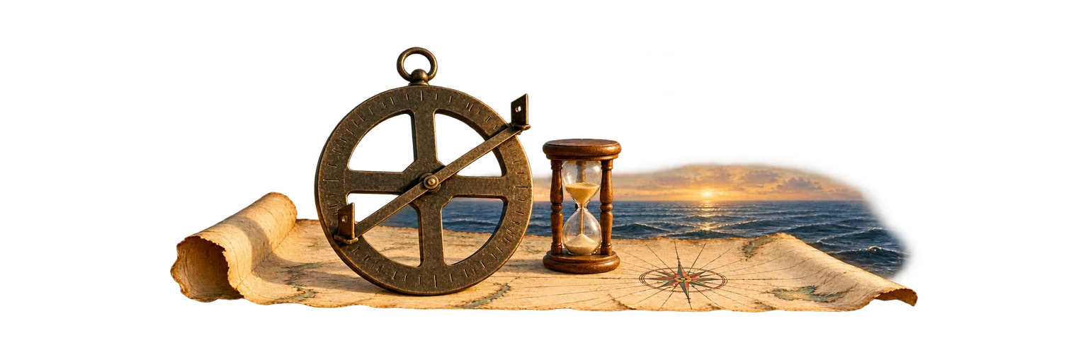 Un astrolabe de marin en bronze, roue évidée et réglette de visée, dressé sur une carte marine ancienne près d’un sablier, devant la mer ouverte au soleil couchant.