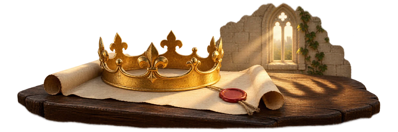 Une couronne royale médiévale posée sur un parchemin scellé, près d’une fenêtre gothique, dans la lumière dorée d’une fin de journée.